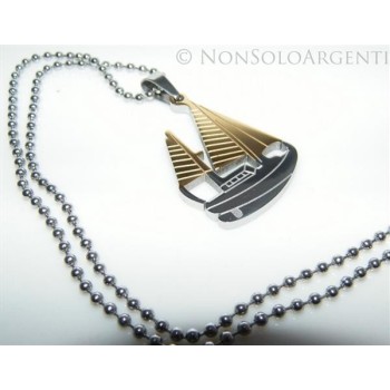 NSA|Acciaio : Collana pallini beads uomo donna ciondolobarca a vela 2 colori argento e oro