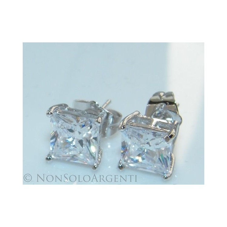 NSA|Orecchini punto luce carrè 7 mm quadrati grandi zirconi rodiati 18kgf, bigiotteria uomo donna