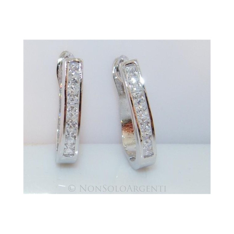 NSA|Orecchini donna a cerchio Ovali 7 zirconi carrè  Lamin ORO BIANCO 18k Gold PLATED