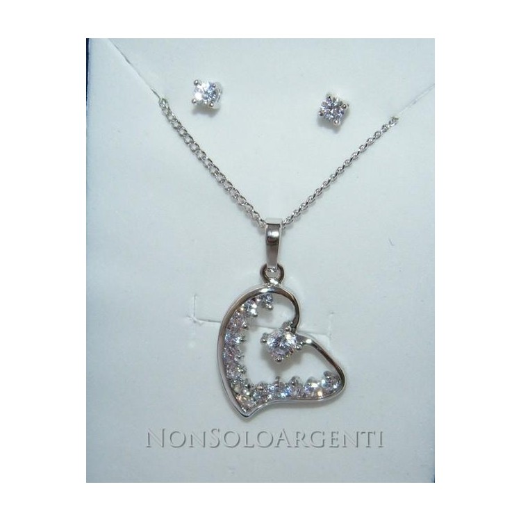 NSA|Bigiotteria : parure donna collana con ciondolo cuore e orecchini punto luce  zirconi Lamin ORO BIANCO 18kGF gold filled