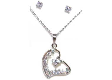 NSA|parure donna collana e ciondolo cuore orecchini punto luce  zirconi rodiato 18kGF