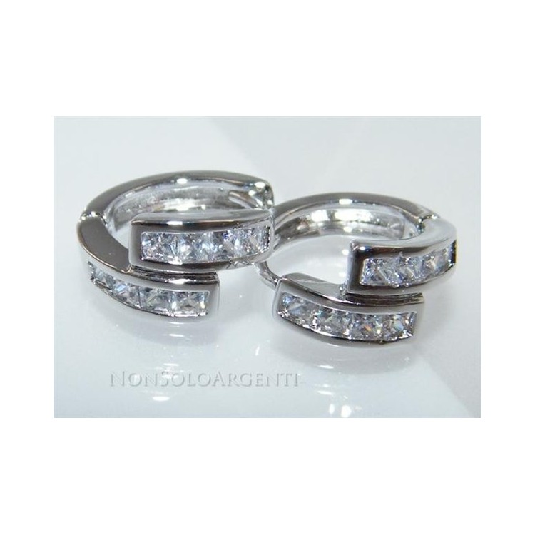 NSA|Orecchini donna a cerchio con zirconi carrè 4 + 4 Lamin ORO BIANCO 18k Gold PLATED