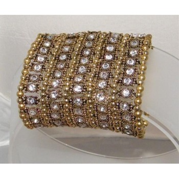 NSA|Bigiotteria : Bracciale Braccialetto Polsino Oro anticato Sfere e Strass Bianco alto 8