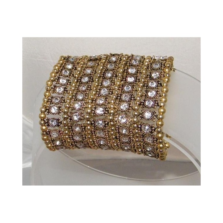 NSA|Bigiotteria : Bracciale Braccialetto Polsino Oro anticato Sfere e Strass Bianco alto 8