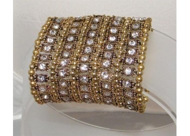 NSA|Bigiotteria : Bracciale Braccialetto Polsino Oro anticato Sfere e Strass Bianco alto 8