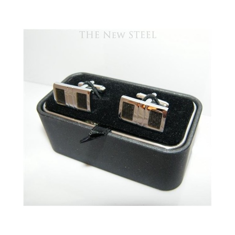 NSA|Acciaio anallergico : Gemelli rettangolari quadretti grigio nero e cofanetto