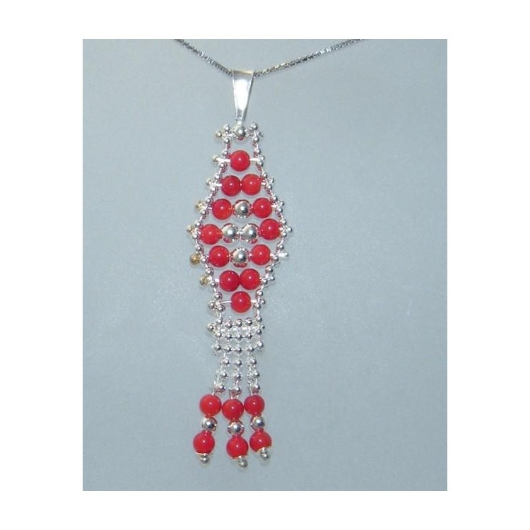 NSA|Parure collana con ciondolo + orecchini in Argento 925 e perle di corallo naturale