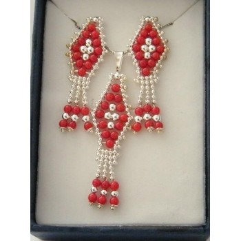 NSA|Parure collana con ciondolo + orecchini in Argento 925 e perle di corallo naturale per donna