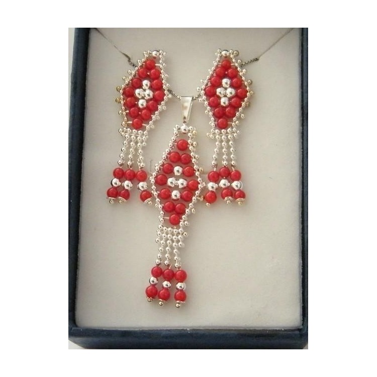 NSA|Parure collana con ciondolo + orecchini in Argento 925 e perle di corallo naturale per donna