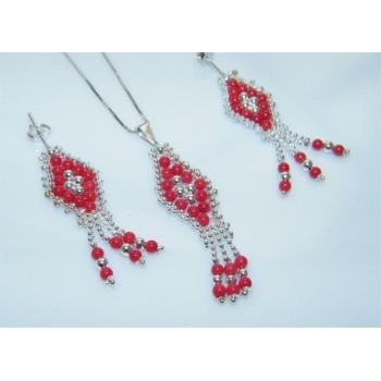 NSA|Parure collana con ciondolo + orecchini in Argento 925 e perle di corallo naturale