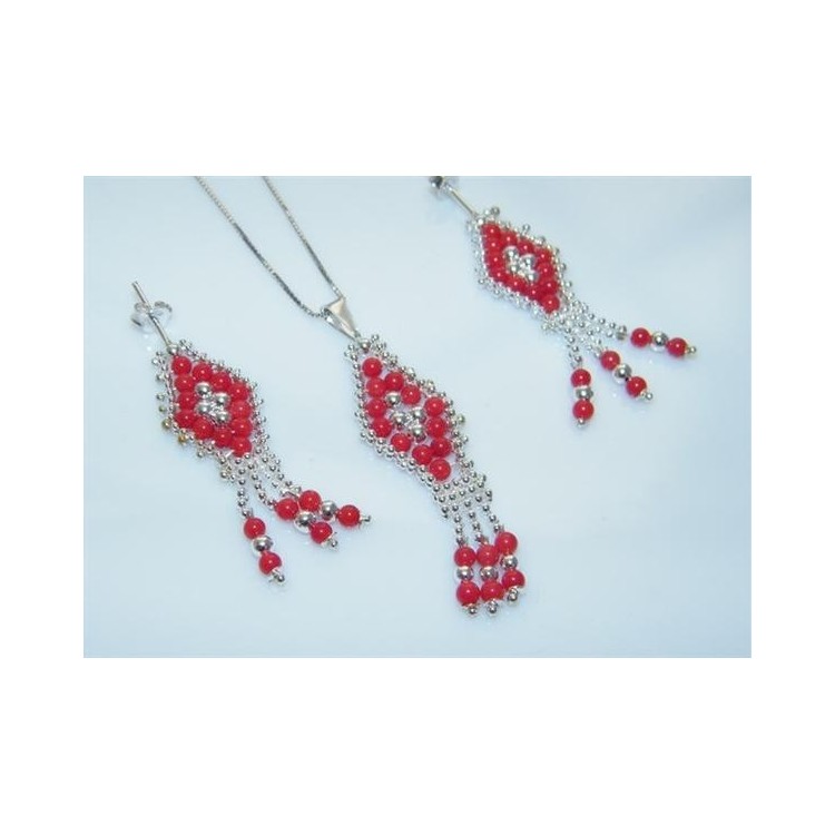 NSA|Parure collana con ciondolo + orecchini in Argento 925 e perle di corallo naturale