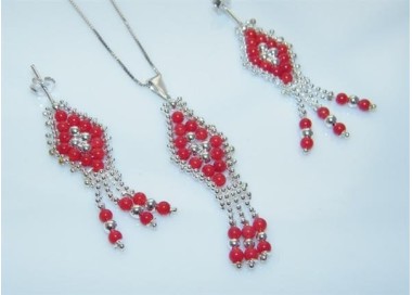 NSA|Parure collana con ciondolo + orecchini in Argento 925 e perle di corallo naturale