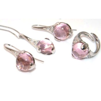 NSA|Argento 925 : esclusiva parure collana anello ciondolo e orecchini ad amo con zirconi e carbochon rosa acceso