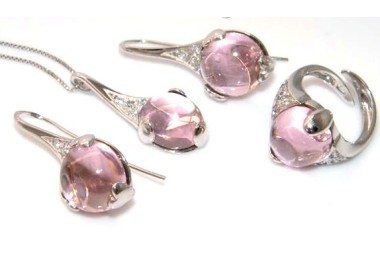 NSA|925: exclusive parure necklace pendant ring and earrings with cubic zirconia and love carbochon bright pink