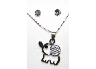 NSA|Elephant necklace or set with pendant choker and light point earrings and rhinestones