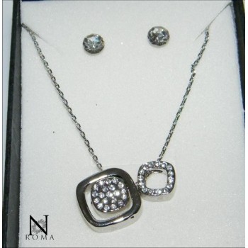 NSA|Bigiotteria : Collana o Parure Quadratini con girocollo 3 ciondoli e orecchini punto luce e strass