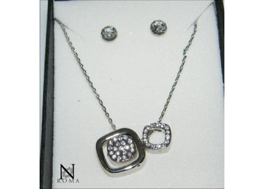 NSA|Bigiotteria : Collana o Parure Quadratini con girocollo 3 ciondoli e orecchini punto luce e strass