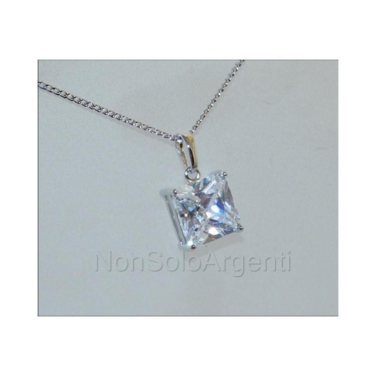NSA|Bigiotteria : collana uomo o donna ciondolo pendente carrè 10 mm punto luce zircone Lamin ORO BIANCO 18k Gold PLATED
