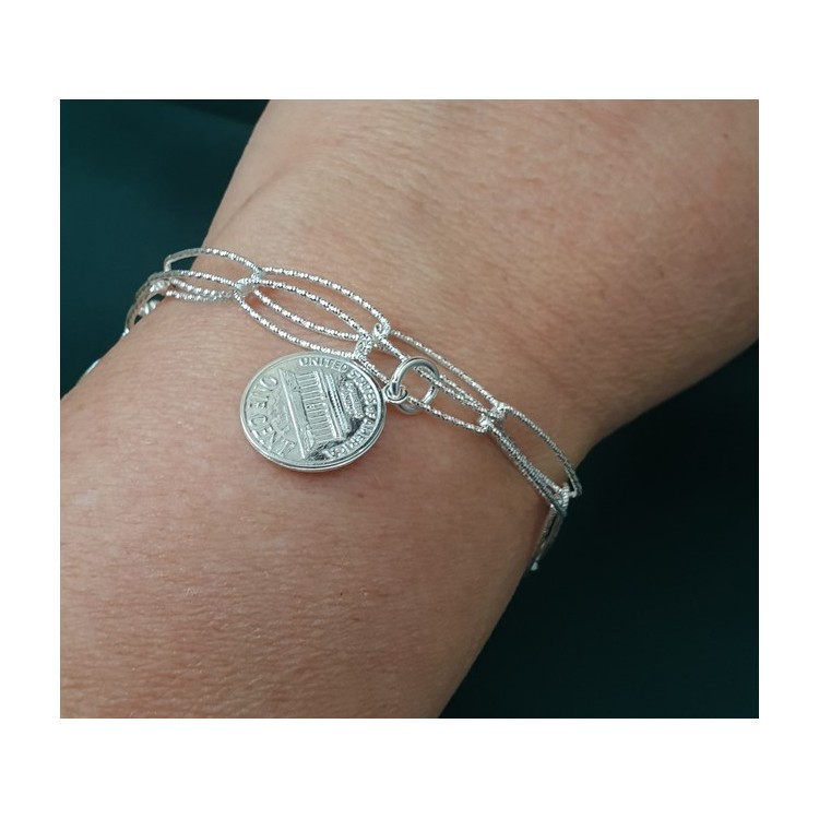 NSA|bracelet made entirely of 925 silver with double diamond chain and coin pendants (US cents)