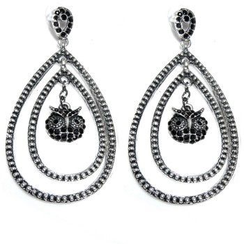 NSA|Double drop owl pendant earrings, dark faux marcasite for women