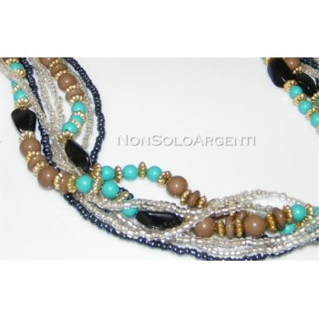 NSA|Bigiotteria : Collana girocollo mille fili perle faux turchese e onice laminata oro