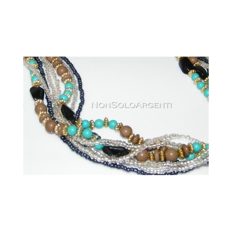 NSA|Bigiotteria : Collana girocollo mille fili perle faux turchese e onice laminata oro