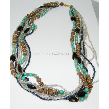 NSA|Bigiotteria : Collana girocollo mille fili perle faux turchese e onice laminata oro