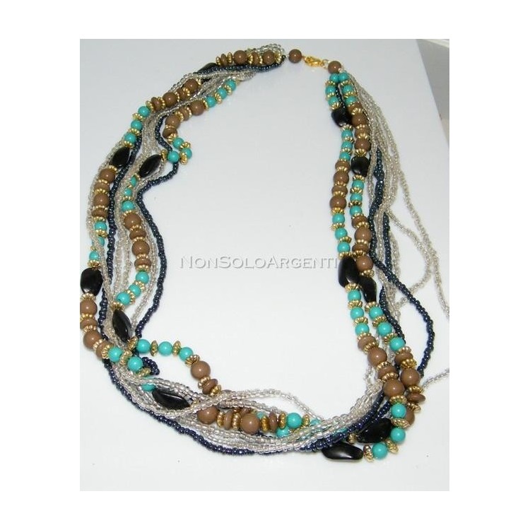 NSA|Bigiotteria : Collana girocollo mille fili perle faux turchese e onice laminata oro