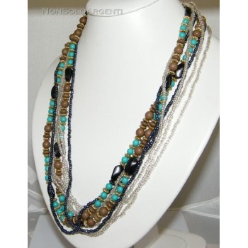 NSA|Bigiotteria : Collana girocollo mille fili perle faux turchese e onice laminata oro