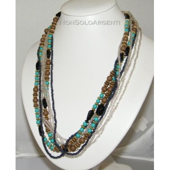NSA|Bigiotteria : Collana girocollo mille fili perle faux turchese e onice laminata oro