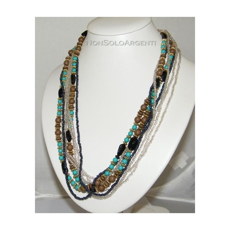 NSA|Bigiotteria : Collana girocollo mille fili perle faux turchese e onice laminata oro