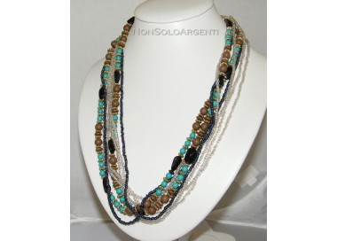 NSA|Bigiotteria : Collana girocollo mille fili perle faux turchese e onice laminata oro