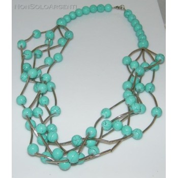 NSA|Bigiotteria : Collana girocollo mille fili perle faux turchese  ed elementi rigidi laminati argento