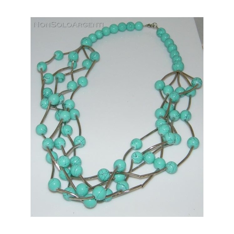 NSA|Bigiotteria : Collana girocollo mille fili perle faux turchese  ed elementi rigidi laminati argento