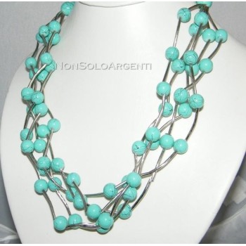 NSA|Bigiotteria : Collana girocollo mille fili perle faux turchese  ed elementi rigidi laminati argento