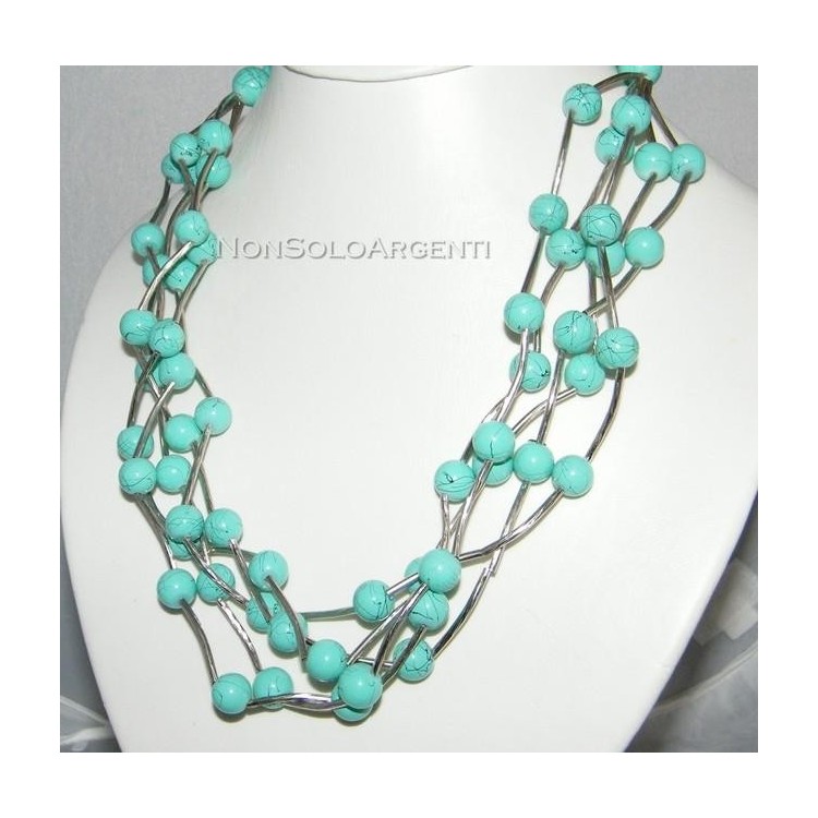 NSA|Bigiotteria : Collana girocollo mille fili perle faux turchese  ed elementi rigidi laminati argento