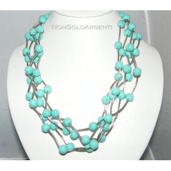 NSA|Bigiotteria : Collana girocollo mille fili perle faux turchese  ed elementi rigidi laminati argento
