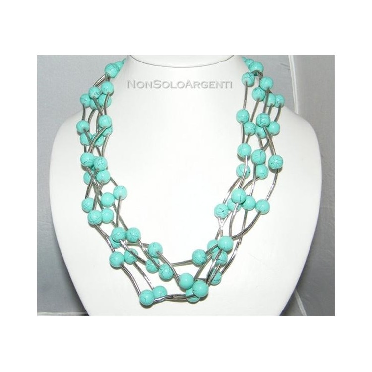 NSA|Bigiotteria : Collana girocollo mille fili perle faux turchese  ed elementi rigidi laminati argento