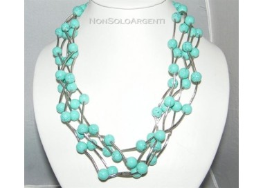 NSA|Bigiotteria : Collana girocollo mille fili perle faux turchese  ed elementi rigidi laminati argento
