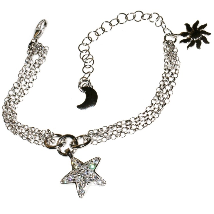 NSA|bracciale argento 925 charm sole luna stella con zirconi e ciondolo
