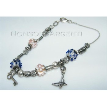 NSA|Argento 925 : bracciale con elementi anticati e 4 biglie di Murano con 2 ciondoli charme