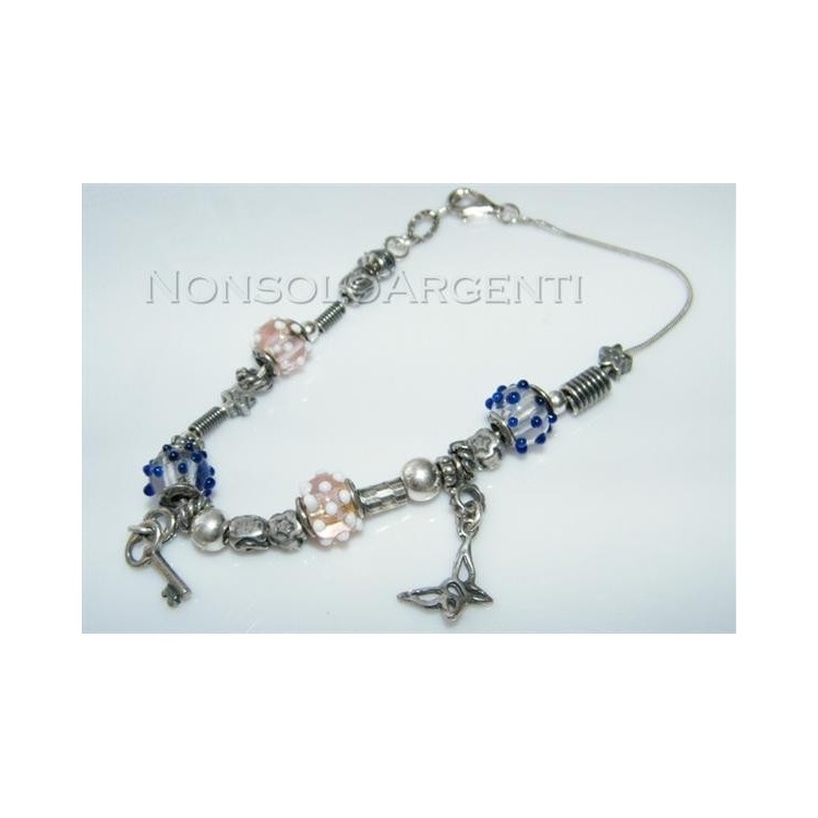 NSA|Argento 925 : bracciale con elementi anticati e 4 biglie di Murano con 2 ciondoli charme