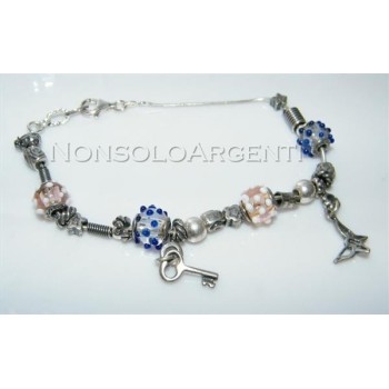 NSA|Argento 925 : bracciale con elementi anticati e 4 biglie di Murano con 2 ciondoli charme