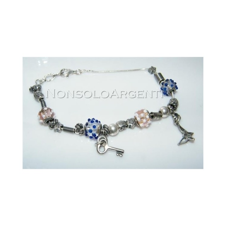 NSA|Argento 925 : bracciale con elementi anticati e 4 biglie di Murano con 2 ciondoli charme