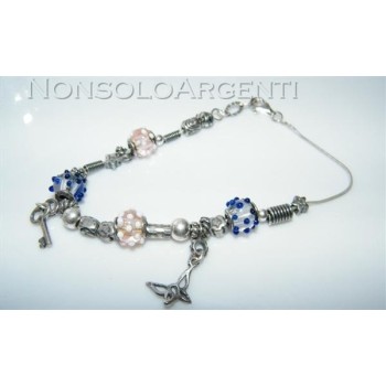 NSA|Argento 925 : bracciale con elementi anticati e 4 biglie di Murano con 2 ciondoli charme