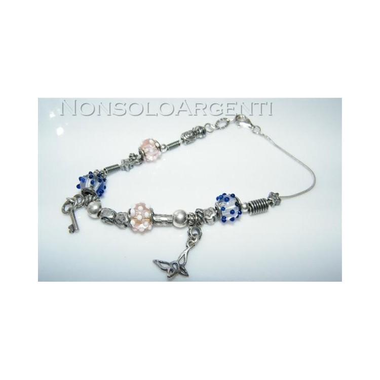 NSA|Argento 925 : bracciale con elementi anticati e 4 biglie di Murano con 2 ciondoli charme