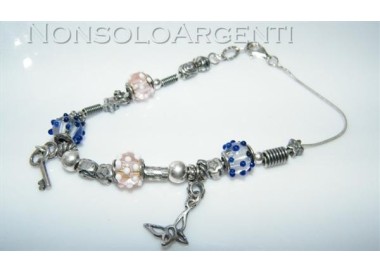 NSA|Argento 925 : bracciale con elementi anticati e 4 biglie di Murano con 2 ciondoli charme