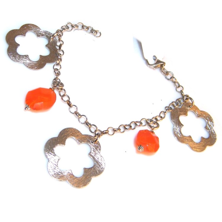 NSA|bracciale argento 925 grandi fiori satinati e agata corniola