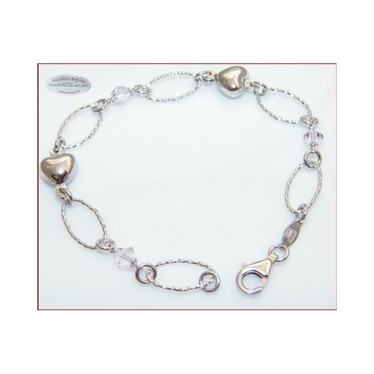 NSA|Argento 925 Rodiato : Bracciale LOVE diamantato con Cristalli Light Rose e cuori Bombati