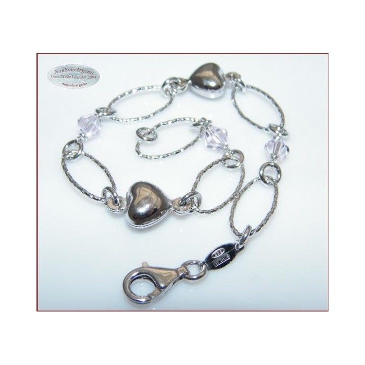 NSA|Argento 925 Rodiato : Bracciale LOVE diamantato con Cristalli Light Rose e cuori Bombati